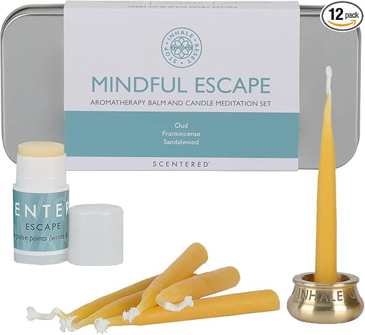 Scentered Yoga Meditation Kit - Aromatherapy Balm & Natural Beeswax Candles Set for Mindfulness - 12x Beeswax Candles with Brass Holder & Essential Oil Balm - Self-Care Gifts for Women