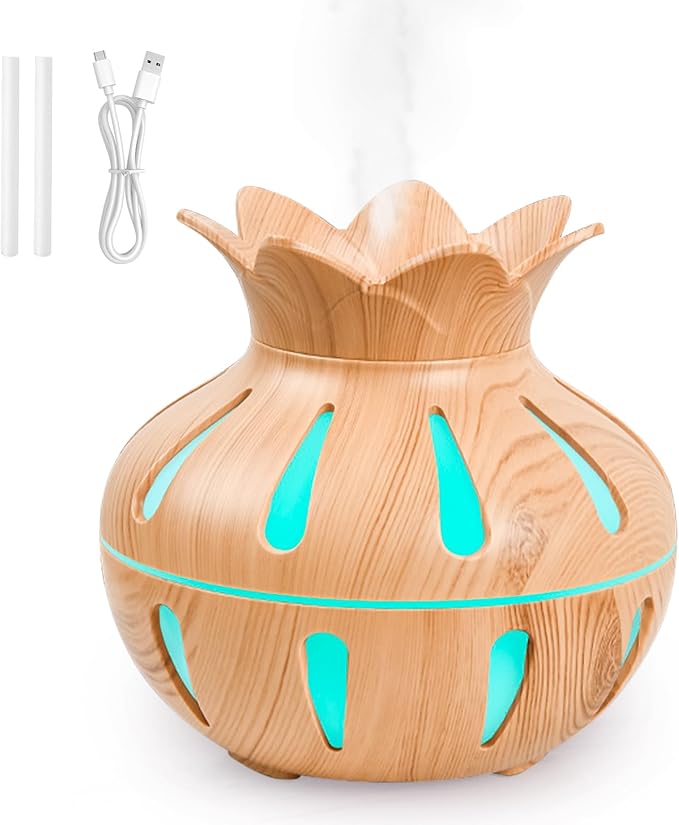 330ml Essential Oil Diffuser, Small Humidifiers for Bedroom with USB Charging, LED Lights, 2 Filter Sticks, Portable Wood Grain Quiet Aromatherapy Mist Diffusers, Home Decor, Gifts