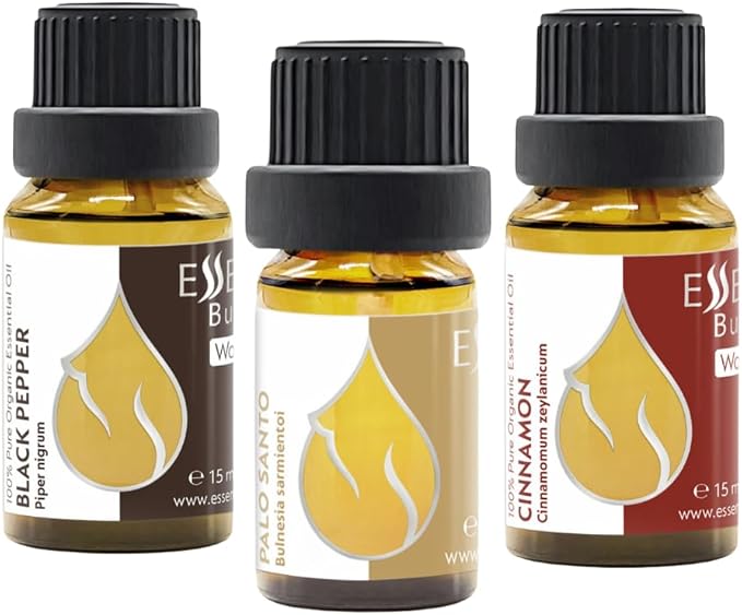 Set Inner Balance Organic Essential Oils |1.18 Fl Oz | Cinnamon (15ml) + Black Pepper (15ml)+ Palo Santo (5ml) | 100% Pure and Natural | Undiluted | Therapeutic Grade | Non-GMO | 3 pcs