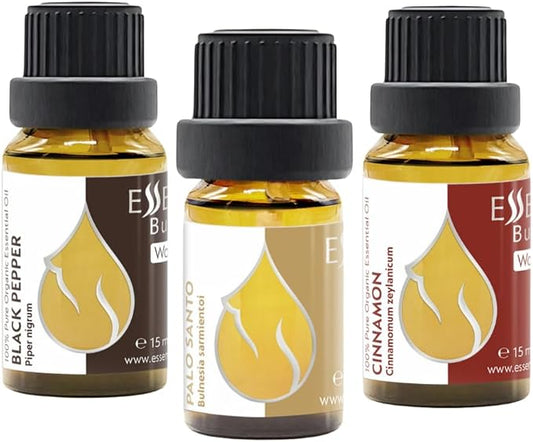 Set Inner Balance Organic Essential Oils |1.18 Fl Oz | Cinnamon (15ml) + Black Pepper (15ml)+ Palo Santo (5ml) | 100% Pure and Natural | Undiluted | Therapeutic Grade | Non-GMO | 3 pcs