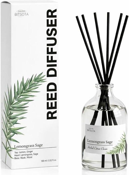 Reed Diffuser Set for Bathroom & Home, Long Lasting Essential Oil Aroma, Glass Bottle Home Fragrance with Sticks, Ideal Gift for Woman, 3.52oz (100ml) (Lemongrass Sage)
