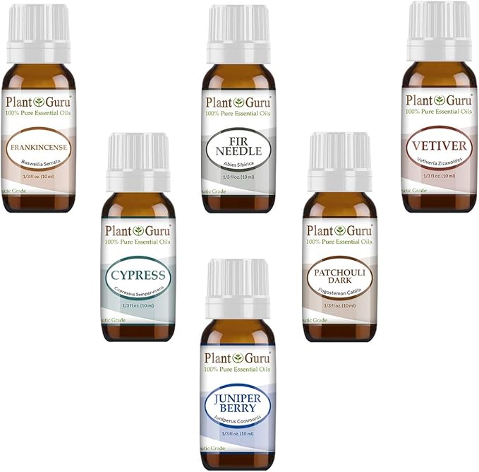 Earth & Wood Essential Oil Variety Set Kit - 6 Pack - 100% Pure Therapeutic Grade 10 ml. Includes Frankincense, Cypress, Fir Needle, Juniper Berry, Patchouli, Vetiver.