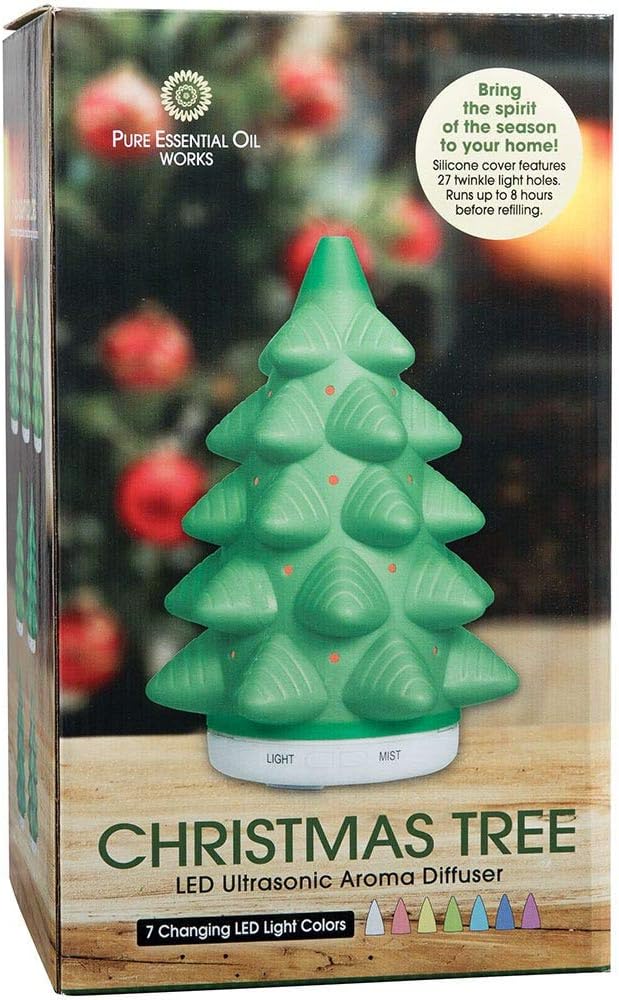 Pure Essential Oil Works LED Ultrasonic Christmas Tree Diffuser, Extra-Large 5.4 oz. Reservoir with Two Mist Options, Seven LED Light Colors, 6" Round x 9" H, Green