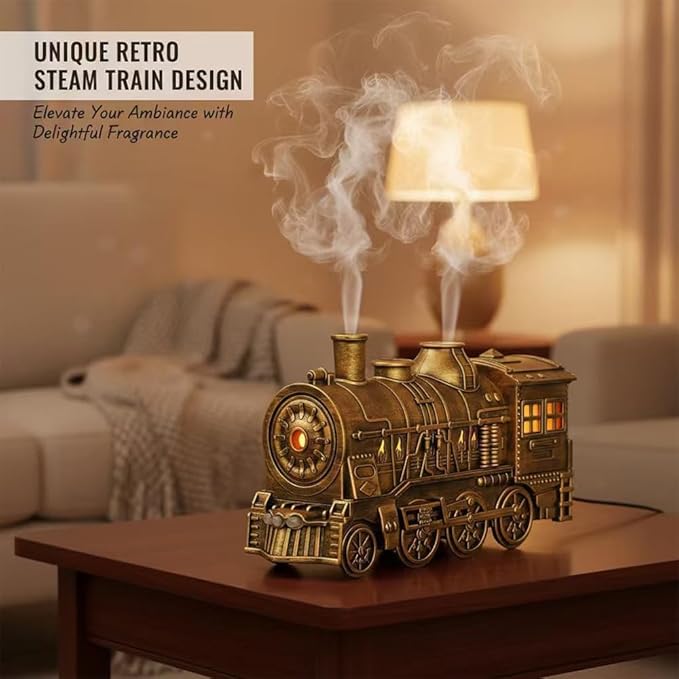 300ML Train Humidifier, Train Diffusers for Essential Oils, 2 Color LED Vintage Steam Christmas Train Aromatherapy Diffuser, 2 Dual Mist Modes Train Cool Mist Air Aroma Humidifier (Bronze)