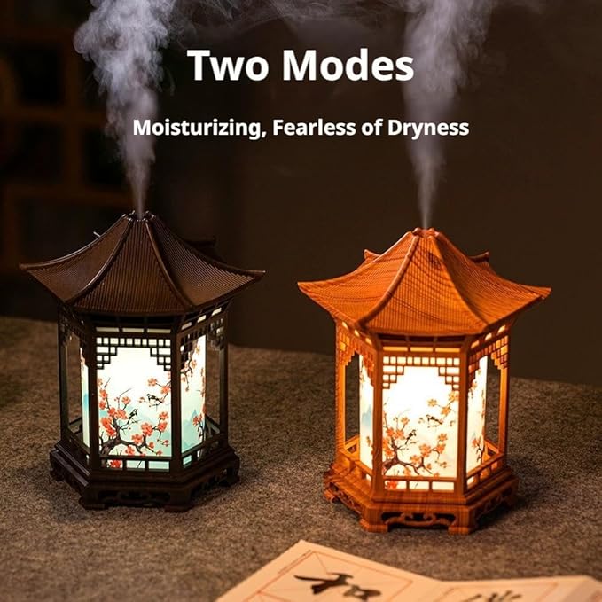Zen Pavilion Lantern Aroma Diffuser & Night Light - 2-in-1 160ml Essential Oil Diffuser with 2 Mist Modes - Japanese Style Zen Garden Humidifier for Yoga, Meditation, Spa & Sleep (Light Wood Color)