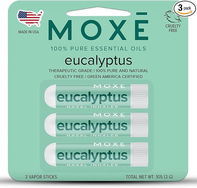 MOXĒ Eucalyptus Essential Oil Nasal Inhaler, Sinus & Congestion Relief, Daily Relaxation, Stress Relief, Therapeutic No-Mess Aromatherapy, Pure and Natural, Made in USA (3 Pack) packaging may vary