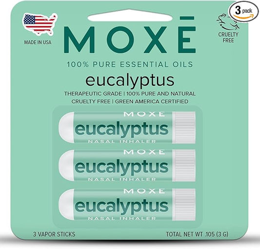 MOXĒ Eucalyptus Essential Oil Nasal Inhaler, Sinus & Congestion Relief, Daily Relaxation, Stress Relief, Therapeutic No-Mess Aromatherapy, Pure and Natural, Made in USA (3 Pack) packaging may vary