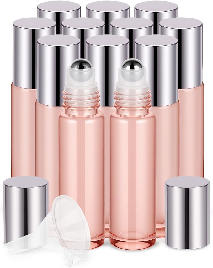 Worldgsb 12 Pack Essential Oil Roller Bottles, 10ml Refillable Glass Roller Bottles with Stainless Steel Roller Balls and Caps for Travel, Perfume and Lip Gloss Rose Gold