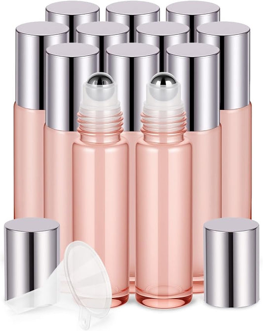 Worldgsb 12 Pack Essential Oil Roller Bottles, 10ml Refillable Glass Roller Bottles with Stainless Steel Roller Balls and Caps for Travel, Perfume and Lip Gloss Rose Gold