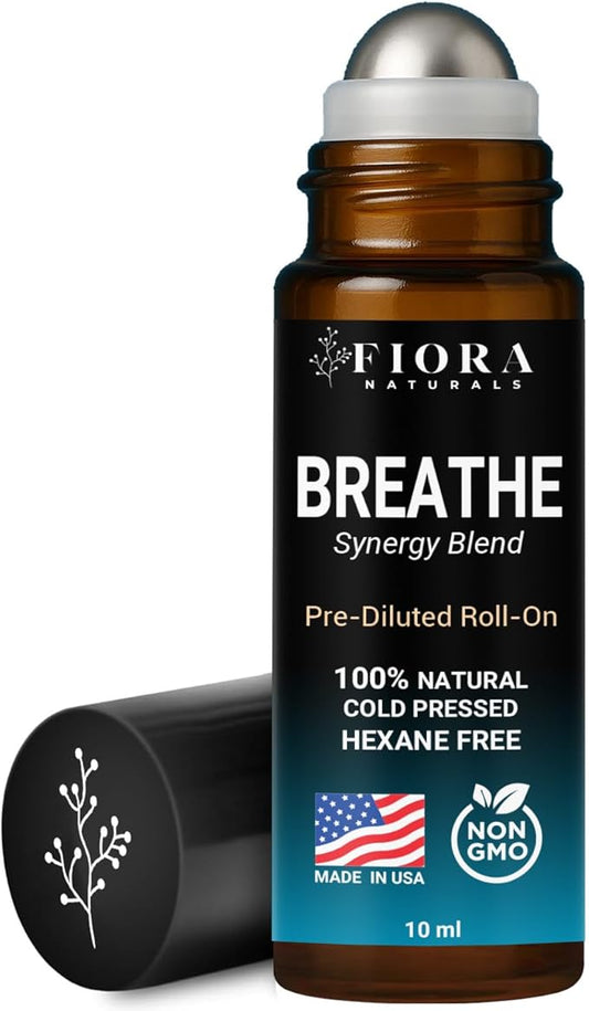Fiora Naturals Breathe Essential Oil Roll-On Blend - 100% Pure Eucalyptus, Peppermint & Tea Tree Oil Aromatherapy Blend. Therapeutic-Grade