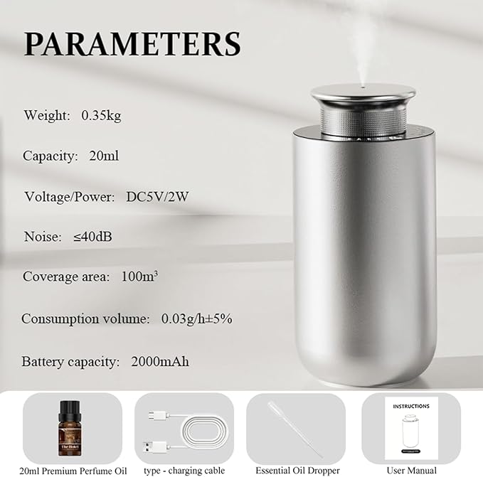 Waterless Essential Oil Diffuser, Smart Car Diffuser, Auto On/Off, Rechargeable Hotel Scent Diffusers with 4 Mist Levels & Timers, Portable Aromatherapy Diffuser for Home, Room, Studio Office, Silver