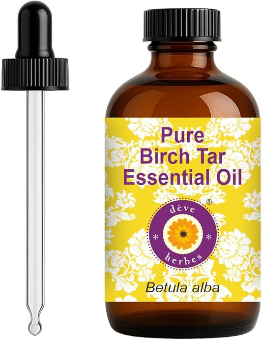 dève herbes Birch Tar Essential Oil (Betula alba) with Glass Dropper | Pure | Non-Sticky | Non-Greasy | Lightweight | Men & Women | All Skin Types | Steam Distilled 120ml (4 oz)