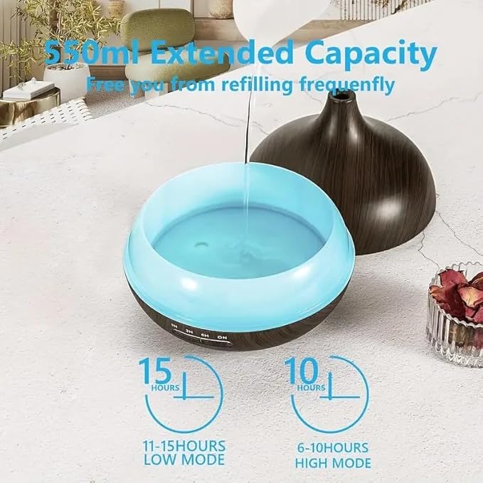 550ml ultrasonic Aromatherapy Essential Oil Diffuser with Remote Control, Dark Wood Grain, Including 6 Essential Oils, 4 Timer Settings, LED Light, Cold Mist humidifier