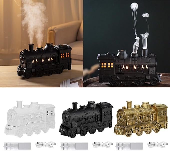 300ml Steam Train Essential Oil Diffuser Cool Mist Humidifier with Retro Design Ultra-Quiet Operation Dual Ambient Light Modes Auto Shut-Off for Bedroom or Office(Green)