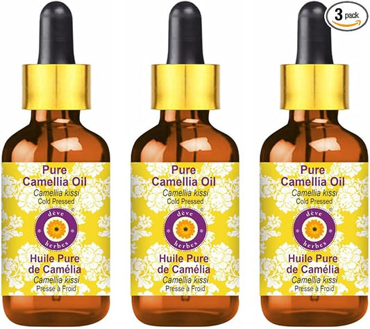 Deve Herbes Pure Camellia Oil (Camellia kissi) 100% Natural Therapeutic Grade Cold Pressed (100ml X 3 (10 Oz) with Glass Dropper)