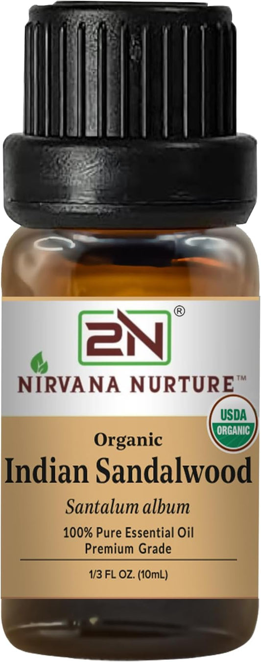Indian Sandalwood Essential Oil, USDA Certified Organic, 100% Pure Undiluted, Aromatherapy Oil for Diffuser, Hair & Skin Care