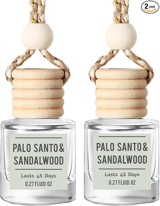 Palo Santo & Sandalwood (Santal) Hanging Car Air Freshener – Long Lasting Essential Oil Diffuser for Car, Closet, Bathroom – 2-Pack Natural Scent Deodorizer for men and women