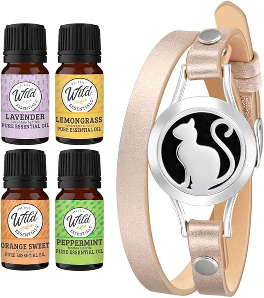 Wild Essentials Pretty Kitty Cat Essential Oil Leather Wrap Bracelet Diffuser, Gift Set, Lavender, Lemongrass, Peppermint, Orange Oils, 12 Pads, Customize Color Changing Perfume Jewelry, Aromatherapy