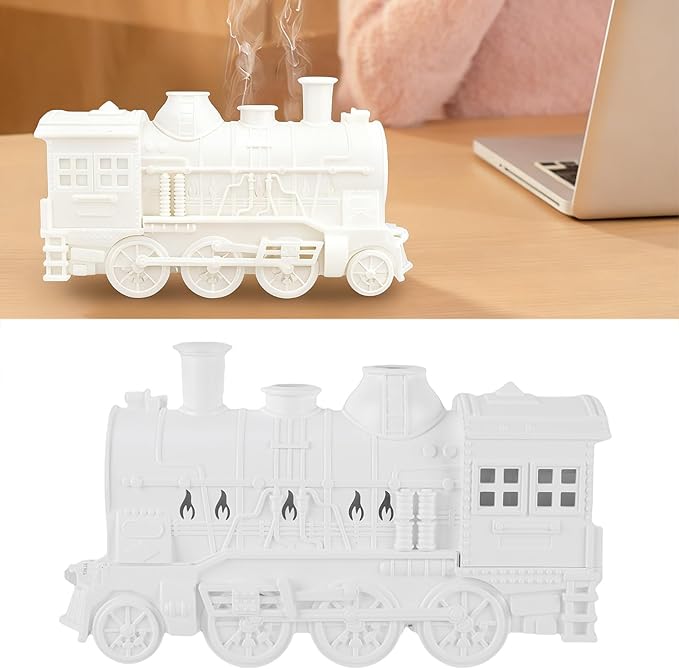 EBTOOLS 300Ml 8W Train Shaped Humidifier With Night Light, Dual Spray Modes, Warm and Cool Blue Light, Low Noise, Essential Oil Diffuser, Misting Function, Cool Mist Humidifier (White)