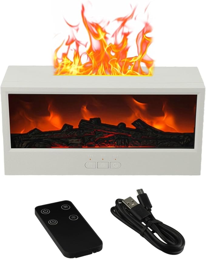 3D Flame Fireplace Aroma Diffuser with Remote, 150ml Humidifier for Essential Oils, Quiet Mist Maker with Dual Light Modes for Home Office(White)
