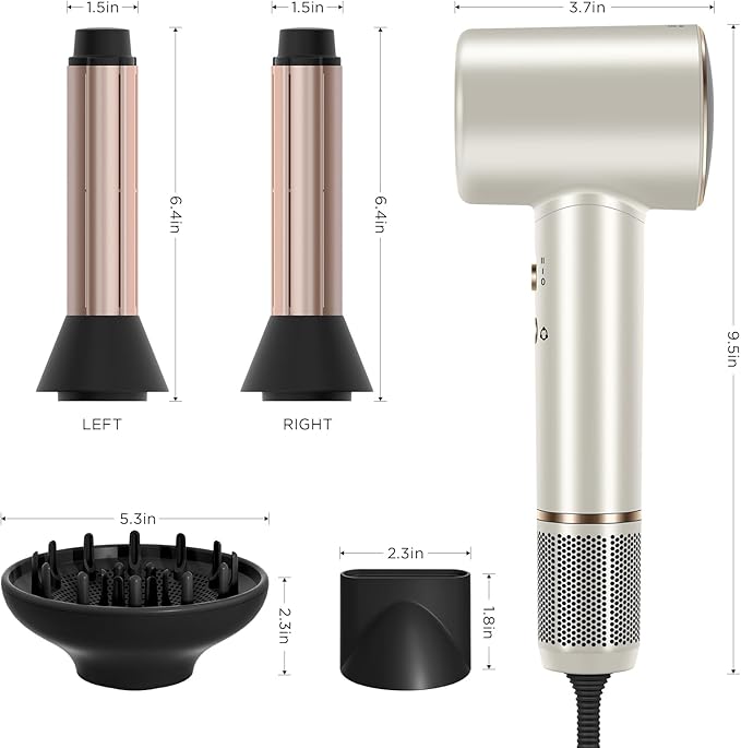PARWIN PRO BEAUTY Air-Sonic Hair Dryer with Diffuser, HD-LED Display & 110, 000 RPM High Speed Ionic Blow Dryer, 1 1/4 Inch Left & Right Air Auto-Wrap Curlers, Champagne Silver Professional Version