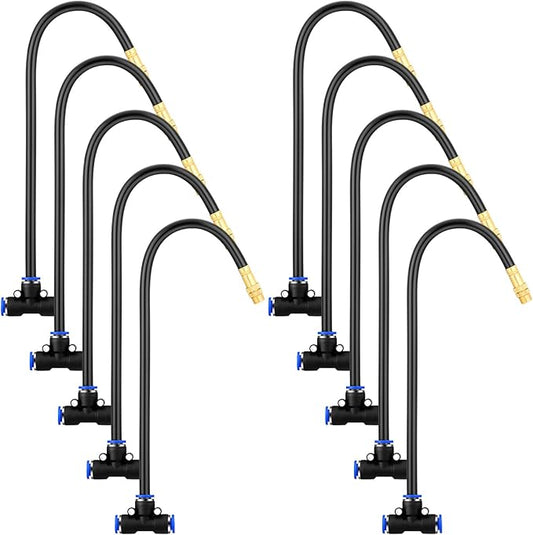 Zonon 10 Pcs Brass Misting Nozzles Tee with 12" Built in Hose for 0.32"/8 mm Tubing 360 Degree Rotation Adjustable Water Mister Nozzle Thread Sprayer Misting Part Accessories for Patio Outdoor Cooling
