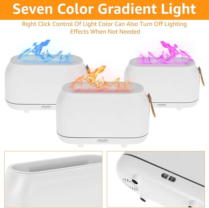 Flame Diffuser Humidifier with 7 Colors Flame Light, 180ml Flame Aroma Diffuser, Colorful Flame Light Quiet Waterless Auto Shut-Off Air Humidifier Diffuser for Home Office Room (White)
