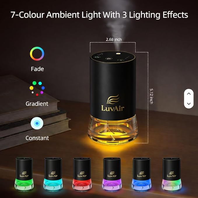LuvAir Waterless Home Diffuser – Rechargeable Cordless Aromatherapy Machine for Large Rooms, Adjustable Mist, Essential Oil Diffuser for Home & Office (Black)