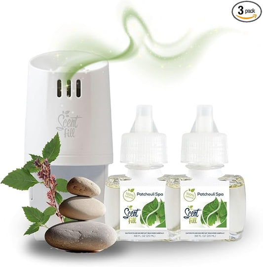 Scent Fill 100% Natural Patchouli Spa Plug in Air Freshener, Scented Oil Refills, 2 Refills + Diffuser