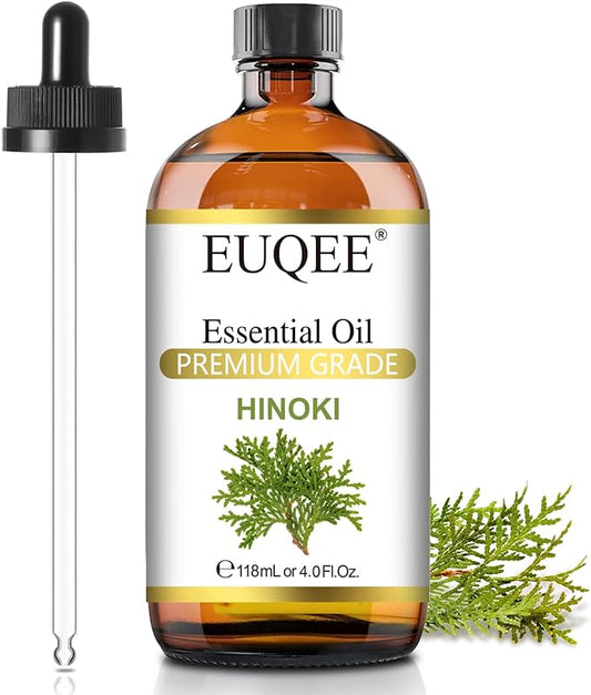 EUQEE Hinoki Essential Oil 118ml/4Fl Oz Pure Japanese Hinoki Oil Premium Natural Wood Scent Aromatherapy Oil with Glass Dropper for Meditation, Skincare, Diffuser, DIY Soap, Home Spa