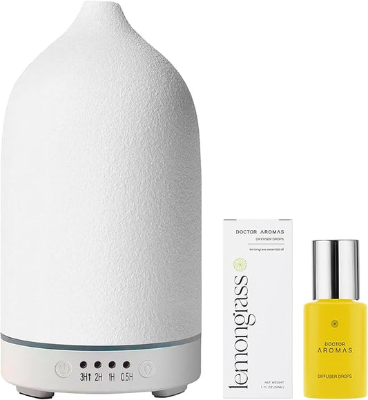 Doctor Aromas Ultrasonic Aromatherapy Essential Oil Lava Stone Diffuser & 1 Scent (1 OZ) 30Ml - Super Quiet, Waterless Auto-Off Function for Fresh Air in Home Office Room (Lemongrass)