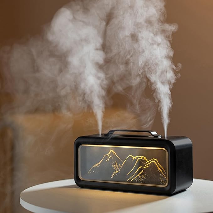 600ML Dual Mist Spray Snow Mountain Essential Oil Diffuser with 3 Modes Night Light USB Desktop Humidifier for Bedroom Home Office
