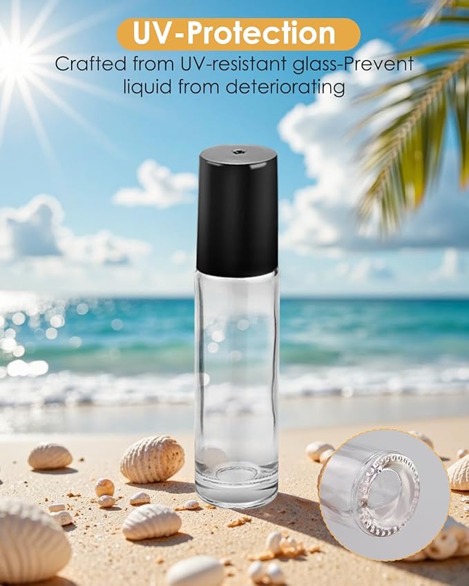 Worldgsb 12 Pack Essential Oil Roller Bottles, 10ml Refillable Clear Glass Roller Bottles with Stainless Steel Roller Balls and Caps for Travel, Perfume and Lip Gloss