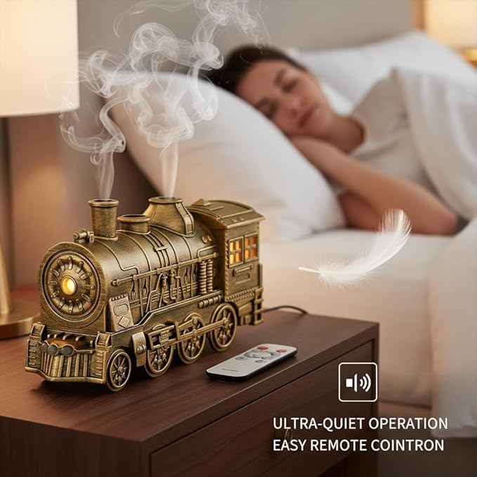300ML Train Humidifier, Train Diffusers for Essential Oils, 2 Color LED Vintage Steam Christmas Train Aromatherapy Diffuser, 2 Dual Mist Modes Train Cool Mist Air Aroma Humidifier (Bronze)