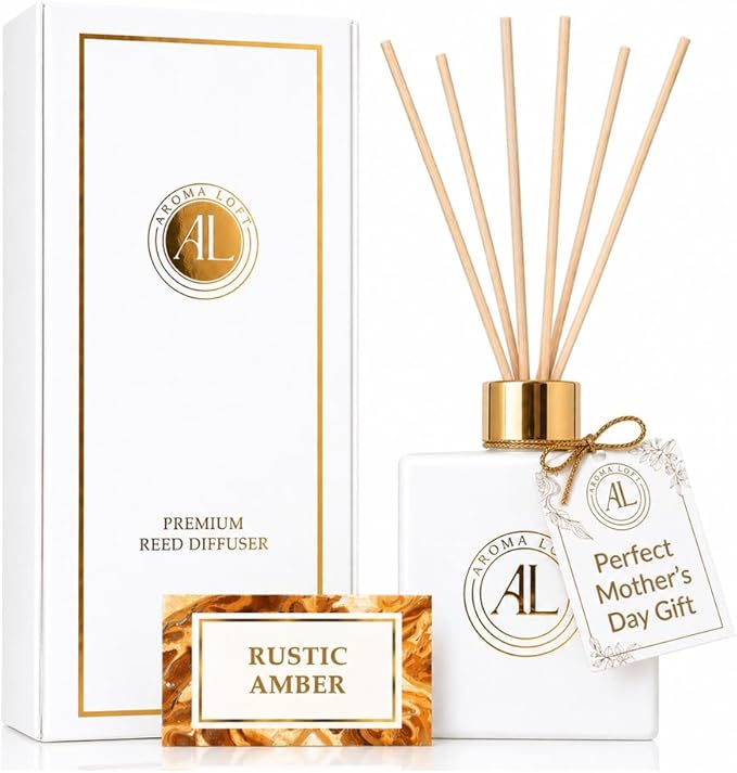 White Reed Diffusers Sticks in Oil Set | Long-Lasting Reed Diffusers for Home, Office, Bathroom, & Bedroom Decor Fragrance Diffuser | White Diffuser (Rustic Amber)