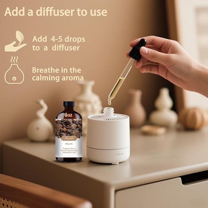 Myrrh Essential Oil – MLYNKL Myrrh Oils 4.33 fl oz for Diffusers, Humidifiers, Massage, DIY Candles, Soap, Cleaning, Home, Yoga, Office, Gifts - 130 ml