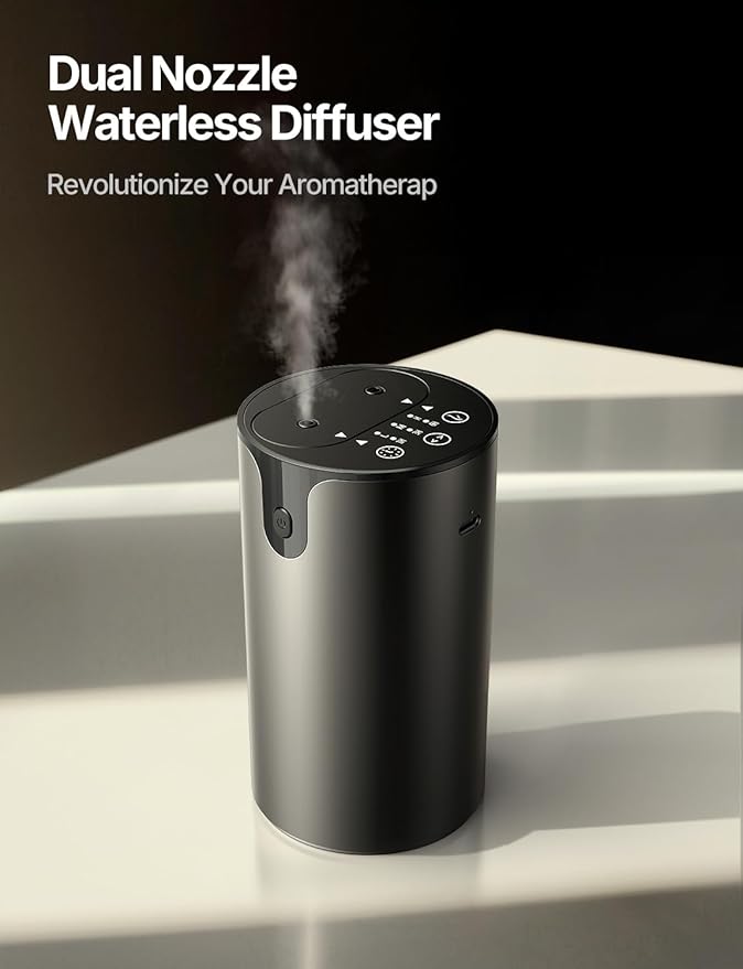 Waterless Essential Oil Diffuser, Portable Dual Nozzle Aromatherapy Diffuser, Rechargeable Mini Scent Machine, 1/3/6H Auto-Off Timer, 3 Mist Levels & No-Leak Tech for Home, Car, Office, Premium Metal