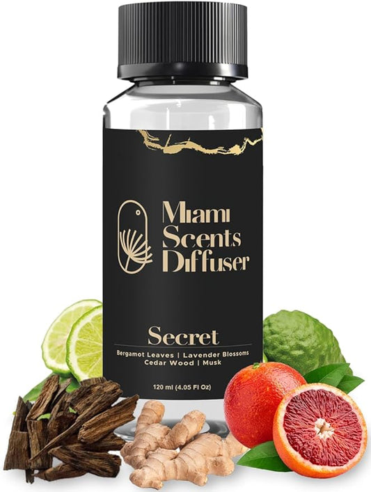 Secret Noir Essential Oil Refill Luxury Hotel Inspired - Long Lasting Aroma for Home & Commercial Diffuser - 120 ml Fresh Blend of Musk Wood and Bergamot Leaves, Scent for Spa Wellness Aromatherapy.