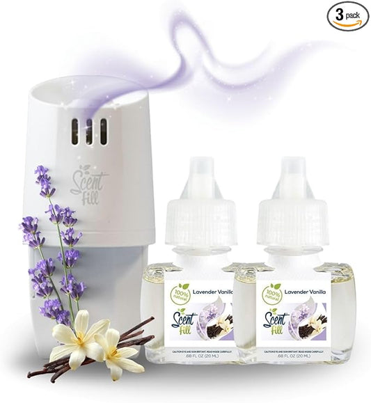 Scent Fill 100% Natural Lavender Vanilla Plug in Air Freshener, Scented Oil Refills, 2 Refills + Diffuser