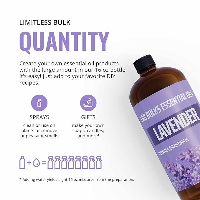 Lab Bulks Essential Oil Lavender Essential Oil 16 oz Bottle for Diffusers, Candles, & Home – Aromatherapy Oil 1 Pack