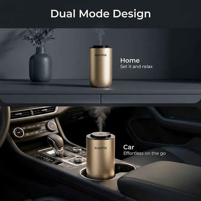 Scentia MiniPod Gold Waterless Diffuser for Essential Oil, Smart Car Air & Home Freshener with 3 Mist Levels & LED Light, Auto On/Off Rechargeable, Portable Scent Air Machine