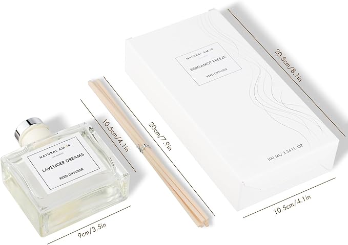 Natural Amor Lavender Reed Diffuser Set, 3.38 fl oz Scented Diffuser with Sticks Home Fragrance Reed Diffuser for Bathroom Shelf Bedroom Living Room