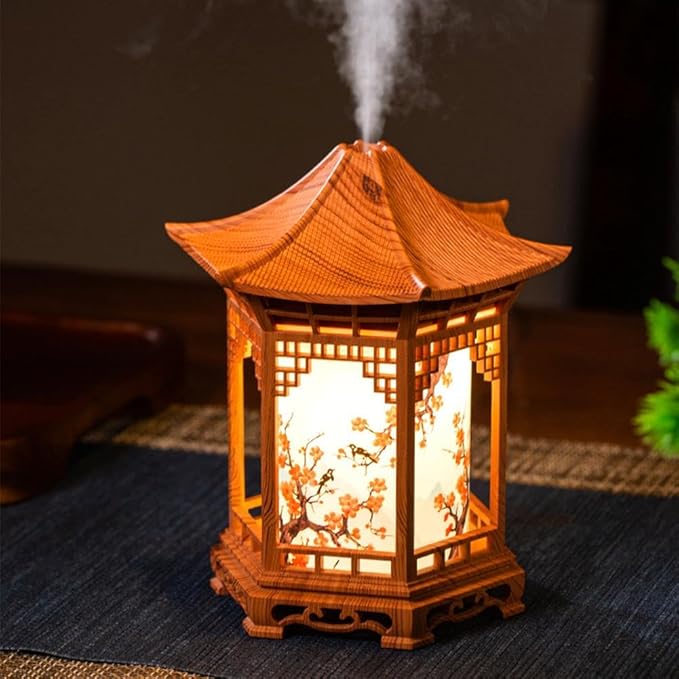 Zen Pavilion Lantern Aroma Diffuser & Night Light,160ml Essential Oil Diffuser with 2 Mist Modes,Japanese Style Zen Garden Humidifier,Warm Cool White LED,Quiet Operation for Yoga,Meditation & Sleep