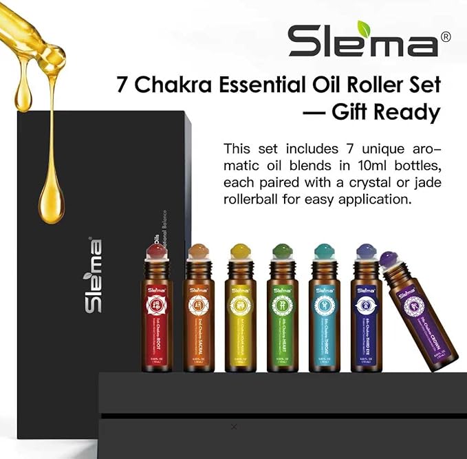 Slema 7 Chakra Essential Oil Roll-On Gift Se – 7 x 10ml Crystal & Jade Rollerballs for Mindfulness, Relaxation & Daily Self Care Rituals (7 x 10ml-Essential Oil Roller Sets)
