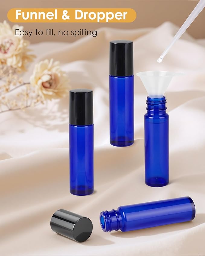 Worldgsb 25 Pack Essential Oil Roller Bottles, 10ml Refillable Glass Roller Bottles with Stainless Steel Roller Balls and Caps for Travel, Perfume and Lip Gloss Blue