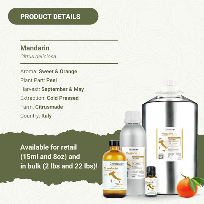 Pure Mandarin Essential Oils - Direct from Citrusmade Italy for Diffusers, Aromatherapy, Home Fragrance & Bath - Natural Aceite de Mandarina for Massage (15ml)