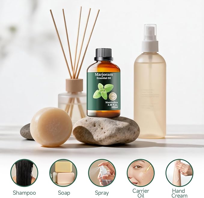 Marjoram Essential Oil, Pure Marjoram Oil Mumianhua Natural Herbaceous Oil for Bedroom, Natural Shield, Aromatherapy for Evening Ease, Outdoor Protection, Diffuser, Massage & Skin Care, 3.38 Fl Oz