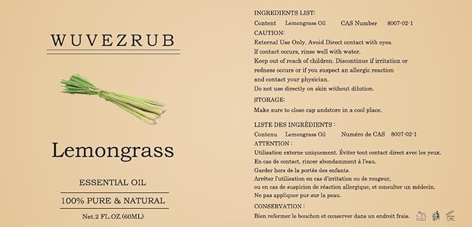 Lemongrass Essential Oils 60ML, 100% Pure and Natural Essential Oil for Aromatherapy Diffuser - 2 Fl Oz/Lemongrass