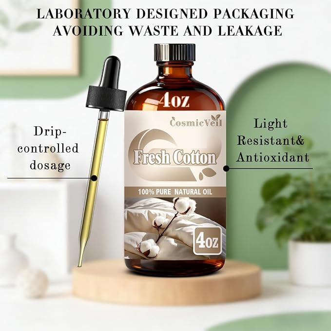 Fresh Cotton Essential Oil 4 Fl Oz (120Ml) Fragrance Oil Fresh Cotton Oil for Aroma Diffuser,Humidifier,Home Fragrance,Spa,Cleaning,Body Care,Massage,Yoga,DIY Candle
