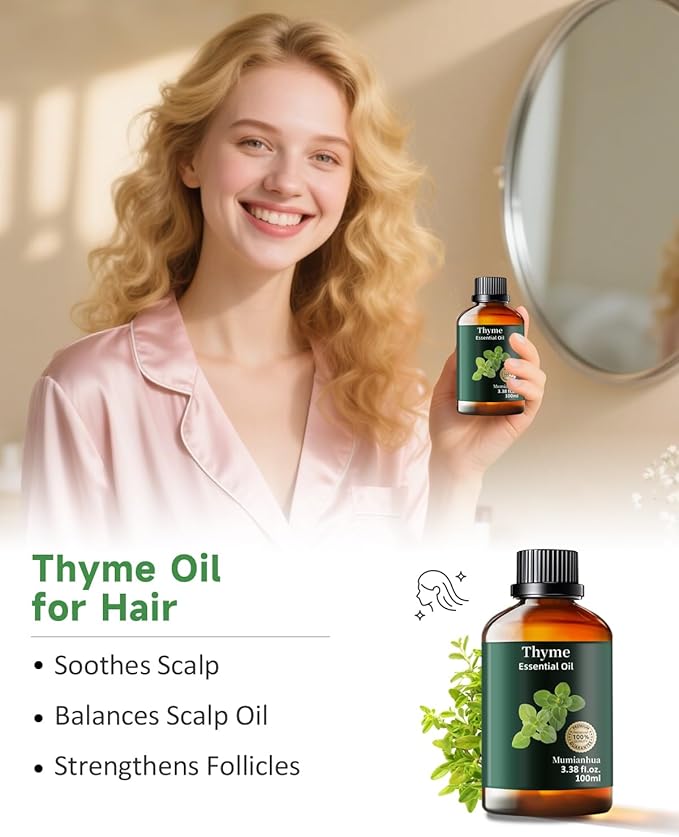 Thyme Essential Oil, Pure Thyme Oil Mumianhua Natural Outdoor Shield & Barrier Spray, for Patio, Garden, Camping, Air Purifying Diffuser & Skin 3.38 Fl Oz